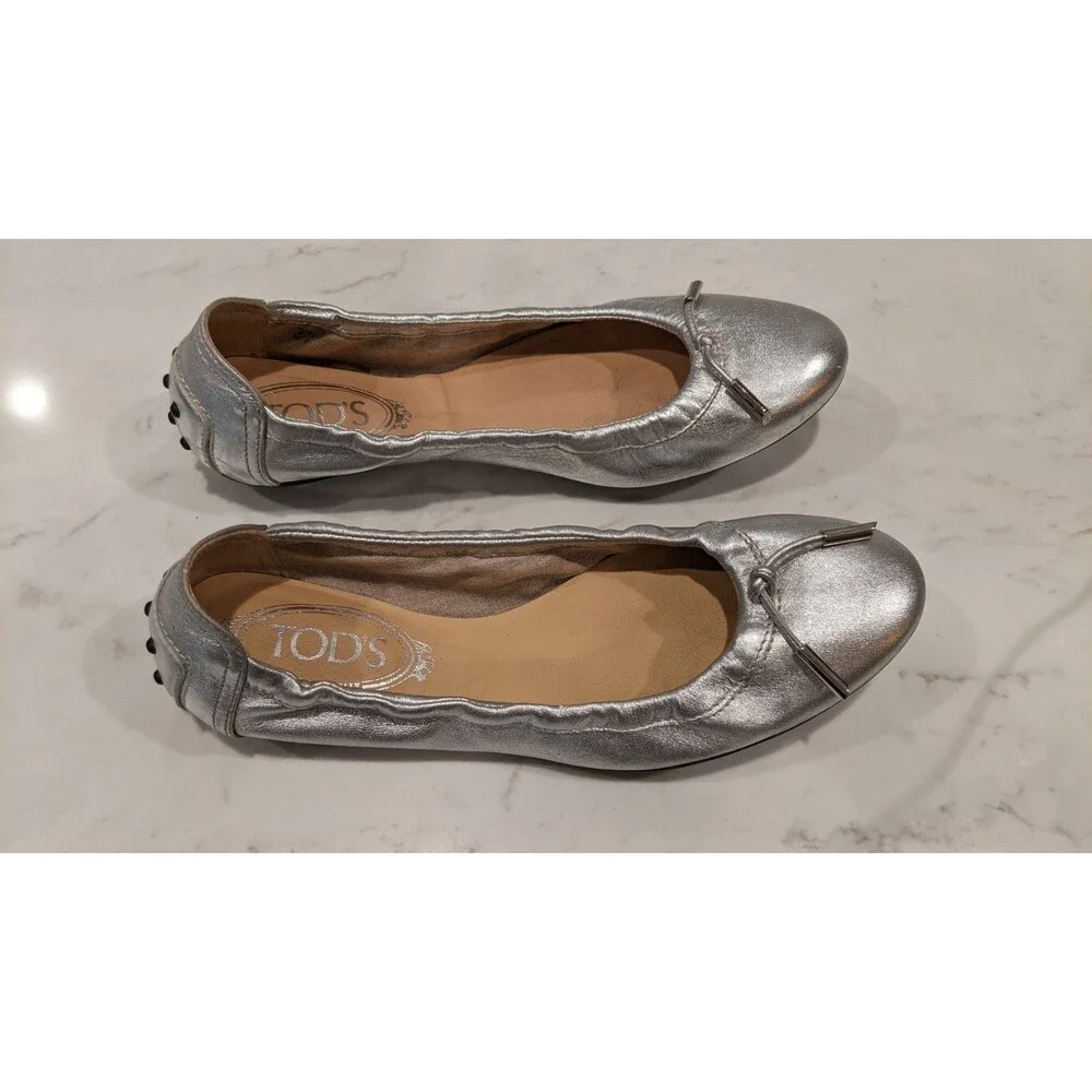 TOD'S Women's Silver Metallic Leather Ballet Flats Size 37/7 - Picture 10 of 12